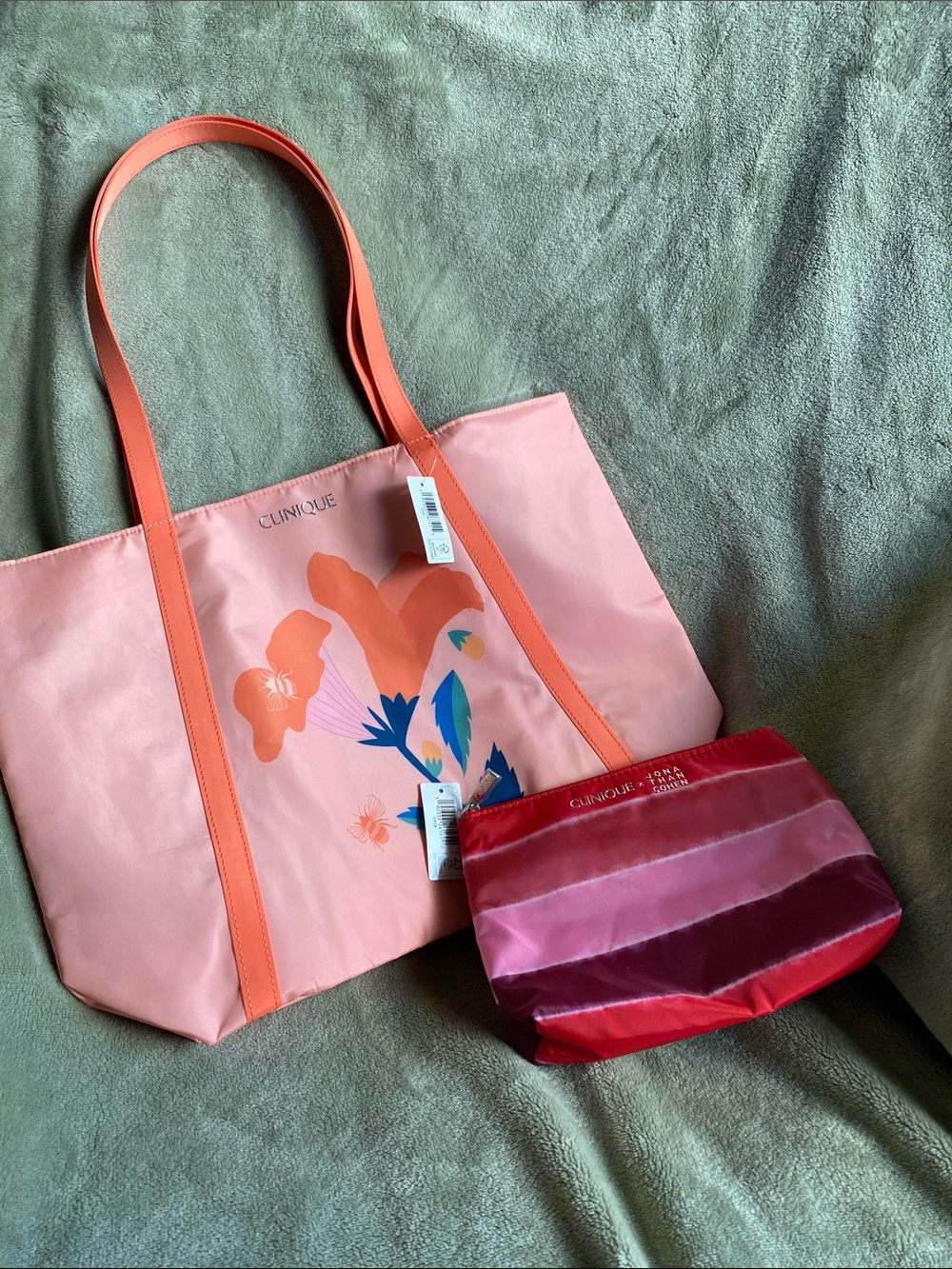 Clinique Pink Floral Tote Bag with Jonathon Cohen Red Stripe Pouch